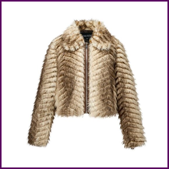 Faux Fur Leopard Print Cropped Jacket Fleece Fluffy Leather Lined Zip Up
